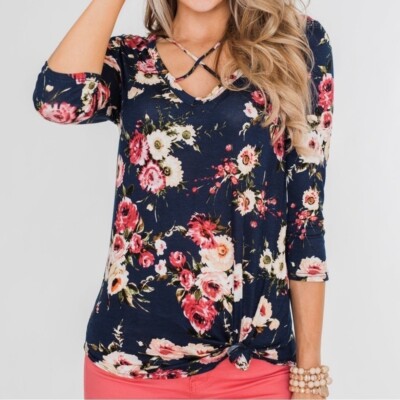 P.S. Kate Excellent Selection Floral Criss Cross Top - Navy