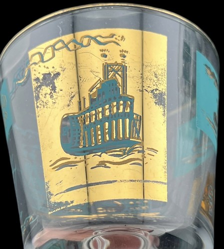 4 MCM 1950 Libbey Short Stem Glasses Riverboat Teal & Gold For Southern Comfort - Picture 4 of 9