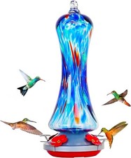 Hummingbird Feeder for Outdoors Hanging, Hand Blown Glass 20oz, Blue Color