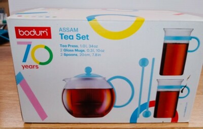 Vintage Bodum Assam Tea Set-Tea Press 2 Glass Mugs & Spoons Blue Ltd Ed 70 Years