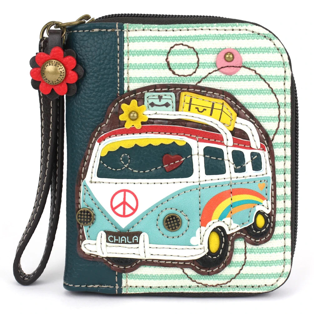 Retro Peace Bus Van Teal White Stripe Zippered Wallet Organizer