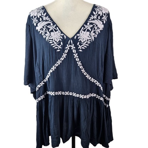 Knox Rose Women's Plus Size 4X Navy Blue Embroidered Boho Tunic Top Casual