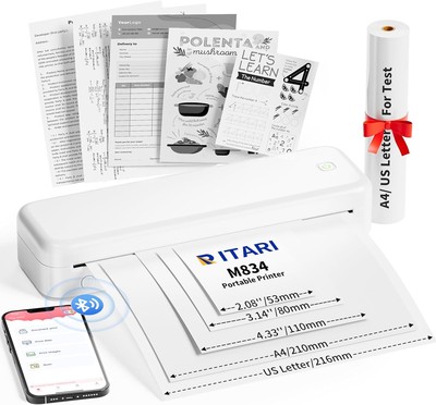 Itari M834 (Upgraded) Portable Printers Wireless for Travel, 300DPI White 