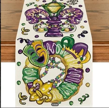 Mardi Gras Linen Table Runner, 100% Linen Rectangular Woven Deco