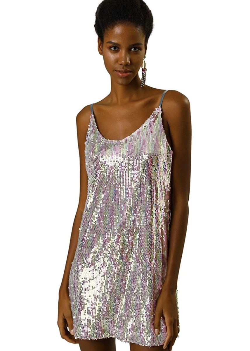 NWT Sequin V Neck Spaghetti Strap Mini Party Dress Club wear M Silver