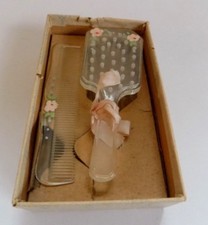Antique Baby Girl's Brush and Comb Set with Pink Flowers