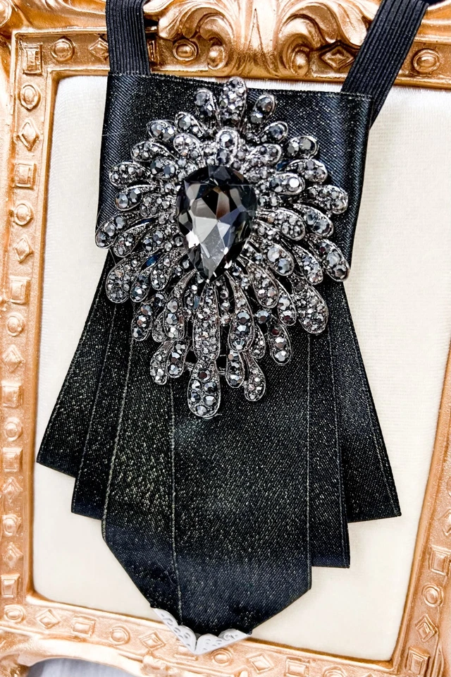 Pajarita negra, corbata de evento formal, corbata de cristal negro, corbata ajustable Foto 4 de 4