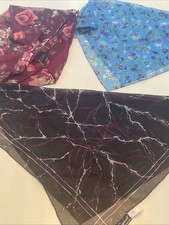Lot of 3 Sheer Black Floral  Blue Scarves 20x20 Inches - Elegant Accessories