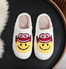 Plush Slippers size 7 Smiley Face Cowboy House shoes Warm EVA Sole Non-Slip