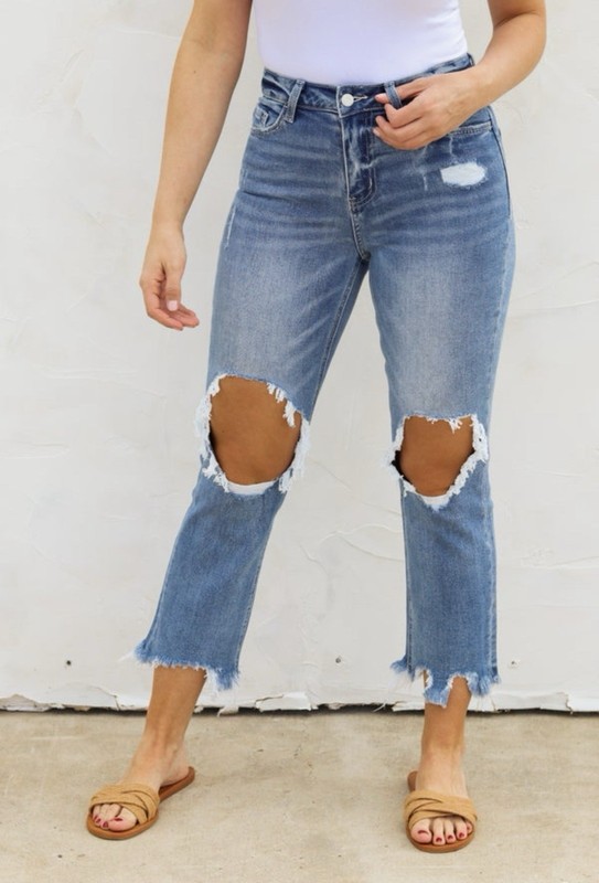 Vervet Destroyed Knee And Hem Cropped Flare Jeans In Size 28
