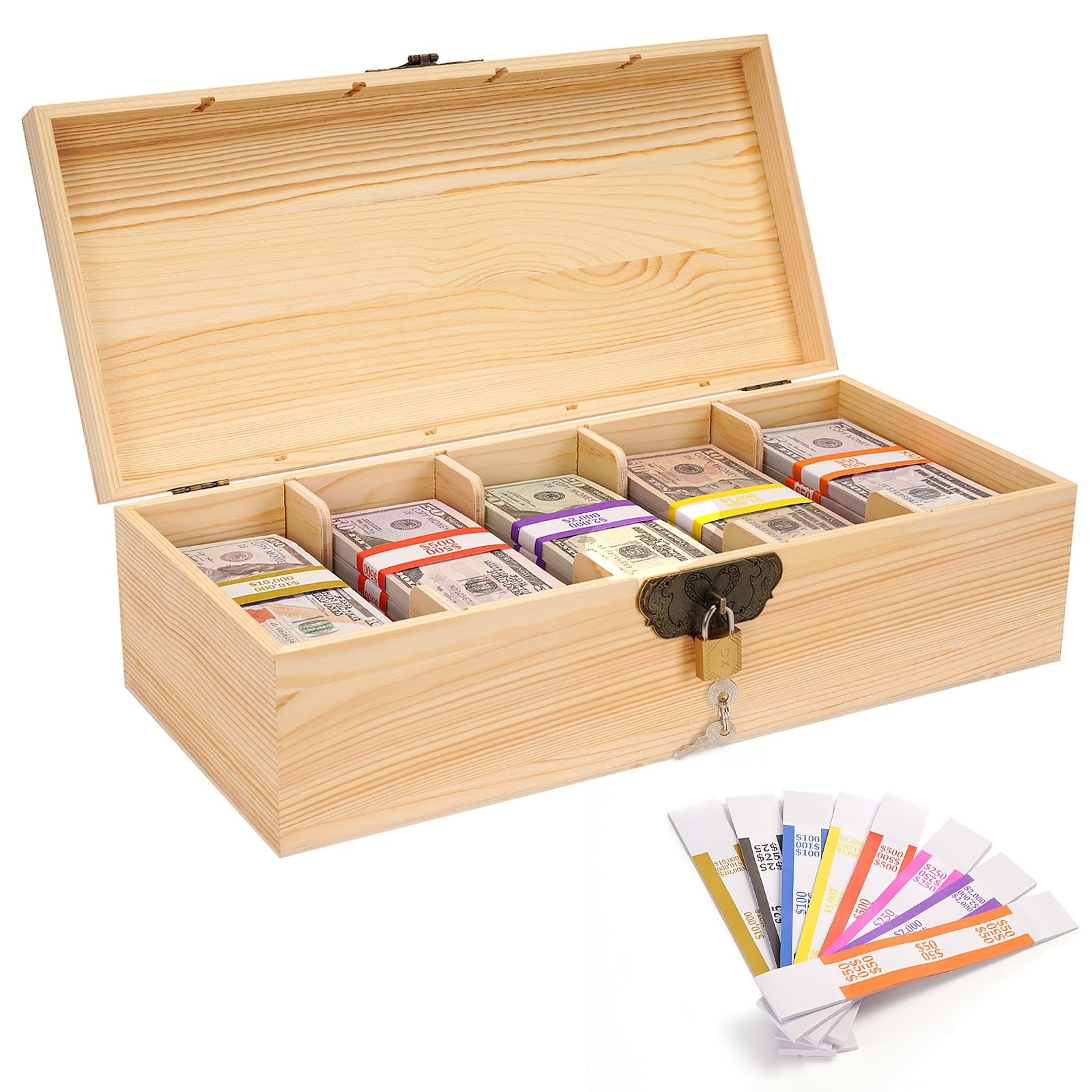 Wooden Locking Currency Money Cash Tray with Coin Tray, 5 Compartment Wooden ...