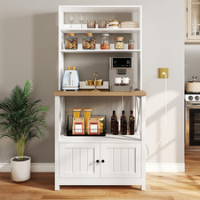Farmhouse Microwave Stand with Power Outlet  Storage Shelves for Kitchen