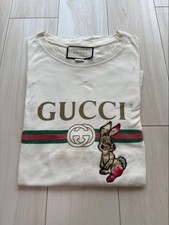 GUCCI Men’s T-Shirt Size L Off-White Cotton Logo Short Sleeve Embroidery Rabbit