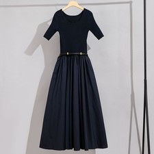 French Style Short Sleeve Women's Round Neck Slim Ballet A Line Dress Long Dress