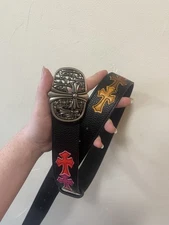Chrome Hearts Style Cross Leather 42" Belt Buckle Multicolor Embroidered Patch