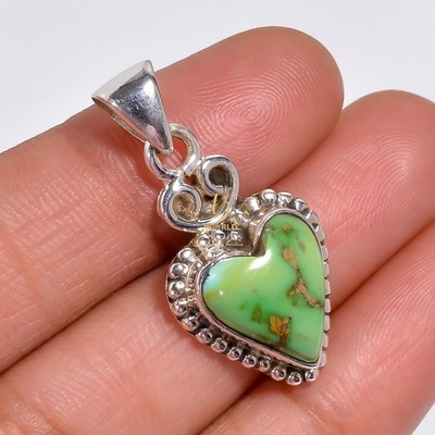 Heart Shape Green Copper Turquoise Healing Stone Pendant in 925 Sterling Silver