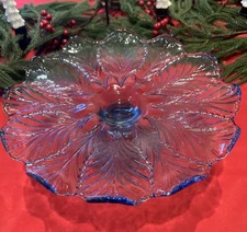 L.E.Smith Powder Blue PLUME Rolled Scallop Edge Pedestal  Cake Stand-13" W/LABEL