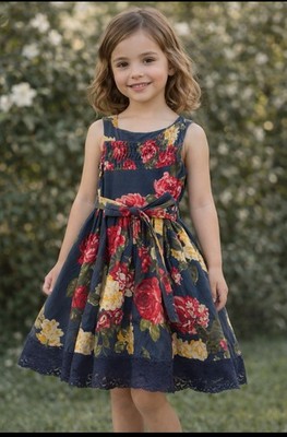 Um Mais Um Luxury Floral Blue Girls Party Dress 6 100% Cotton Brazilian Designer