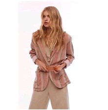 Free People Simply Stripe Blazer Womens Linen Slouchy Oversized XS Jacket BOHO