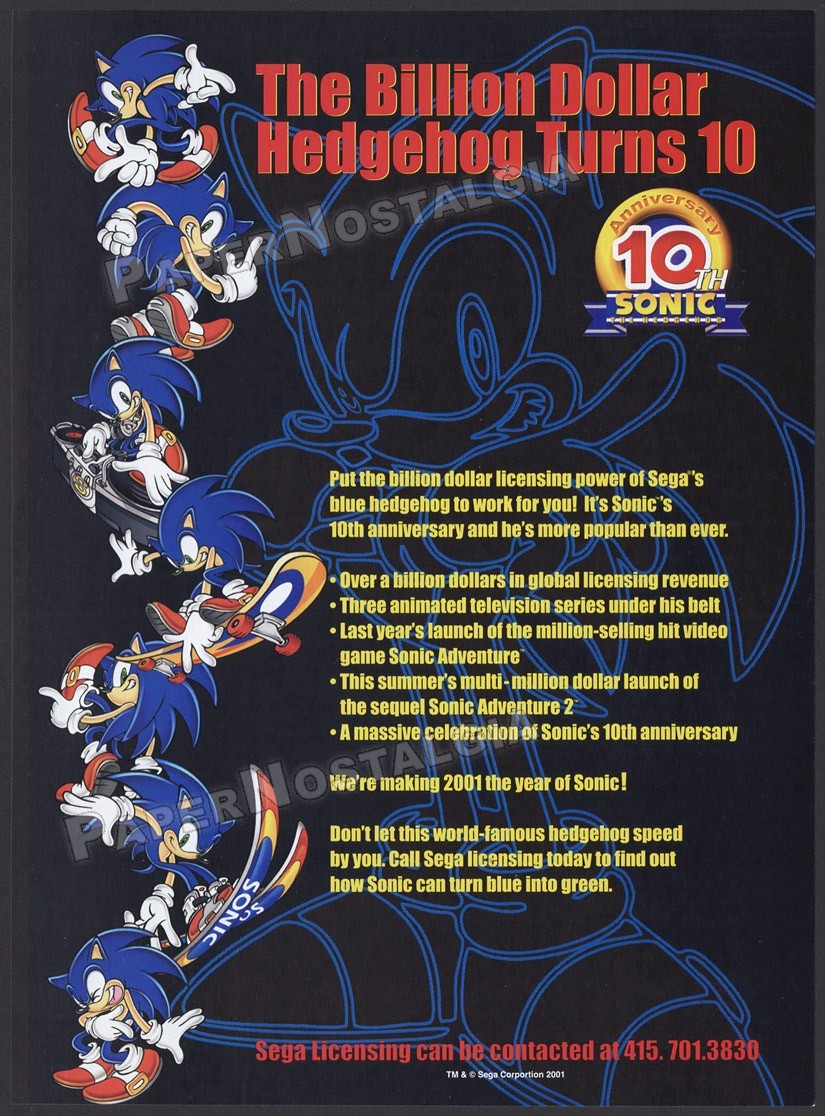 SONIC THE HEDGEHOG / SEGA — Original 2001 Trade AD / ADVERT — 10th