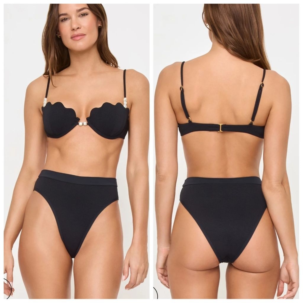 L*SPACE Frenchi Bikini Bottom XL Black Ribbed High Cut Swim NWT