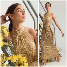 Mac Duggal NWT Gold Sequin Halter Neck Column Gown Tie Belt Size 12 Back Slit