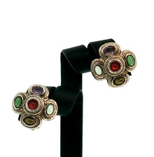 Vintage Graziano Multicolor Rhinestone Cabochon Clip-On Earrings Silver Tone