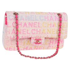 CHANEL Matelasse 25 Chain Shoulder Bag Tweed Pink Gold CC Auth MX484M
