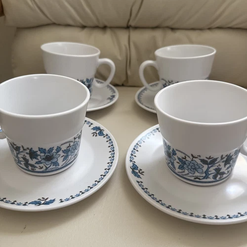 Set Of 4 Vintage Noritake Progression 9022 BLUE MOON Coffee Tea Cups & Saucers