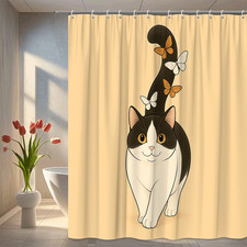 Cute Cat Shower Curtain with Butterflies Design