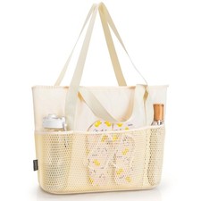 Large Waterproof Sandproof Beach Tote Bag for Women with Zipper Mesh Pockets