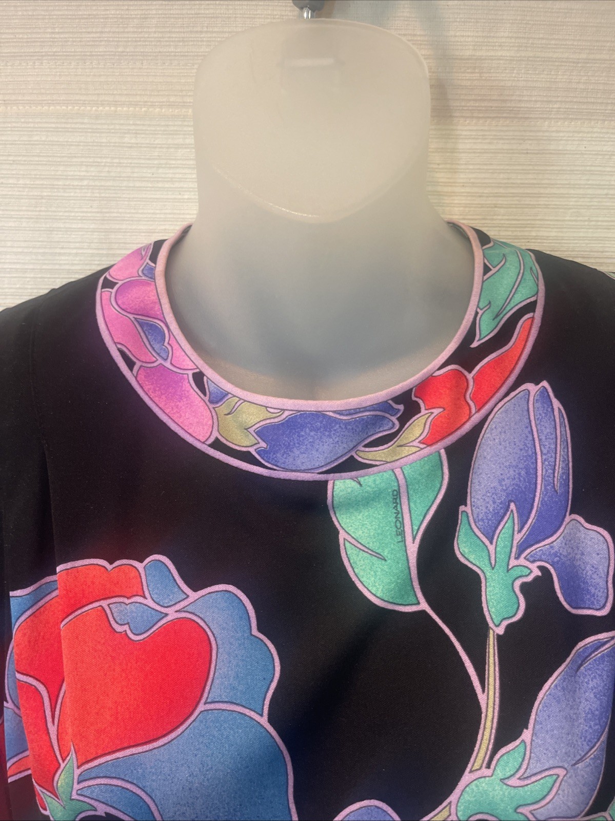 LEONARD Paris Black/Lavender Floral Silk Mikado Knit Cuffs Blouson Top~XS~EUC