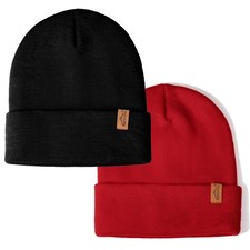 1 2 Packs Unisex Knit Winter Beanie Hats Cap Set for Men and Women Black Red
