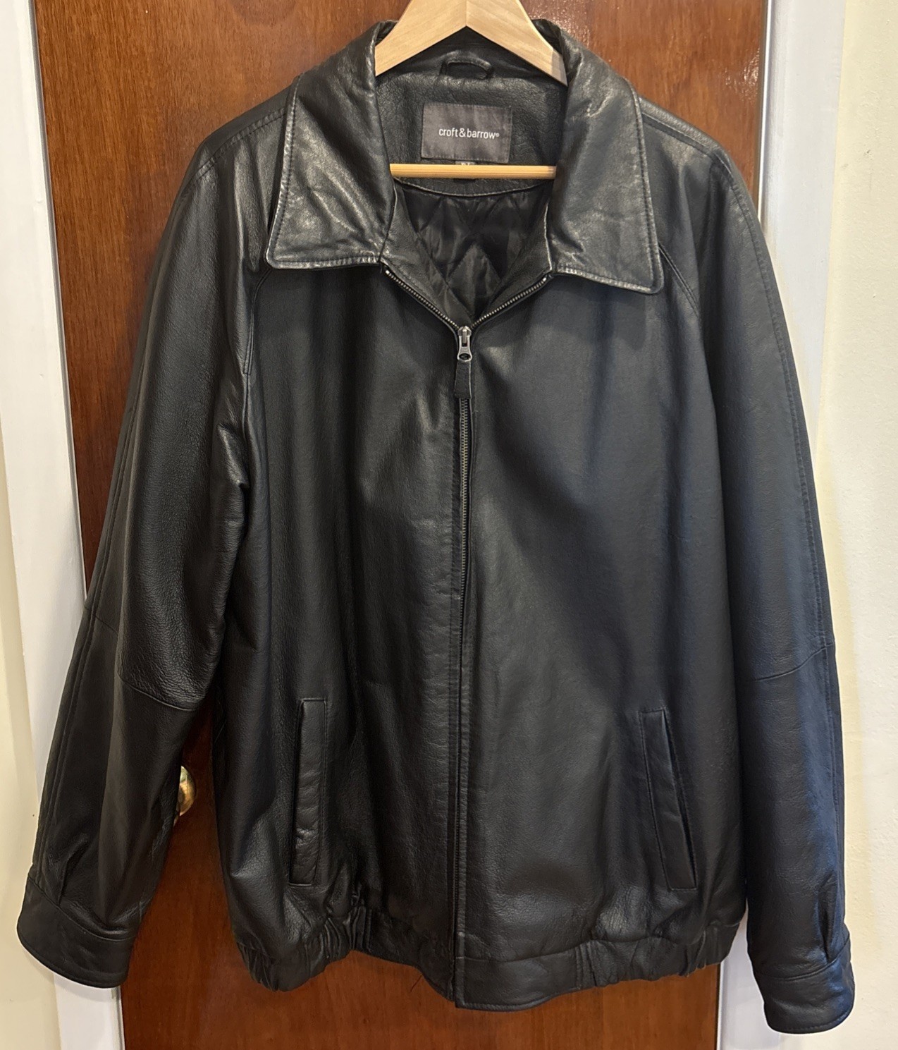 Croft & Barrow Black Leather Jacket, Men’s Size XLT, Full Zip, Quilted Lining