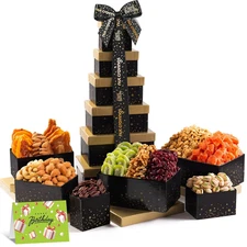 NUT CRAVINGS Happy Birthday Nuts Dried Fruit Tower Gift Basket, 12 Assortments