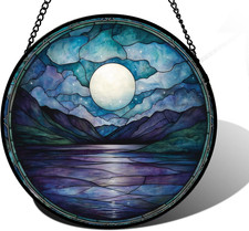 Stained Glass Window Hanging, Blue Night Moon Lake Sun Catchers Colorful Glas...