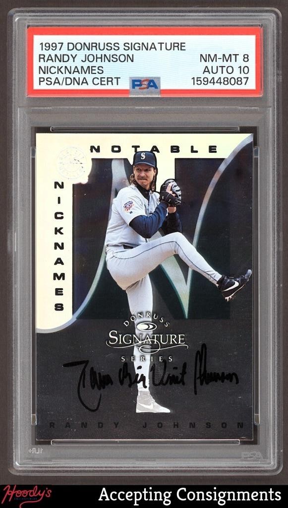 1997 Donruss Signature Notable Nickname Randy Johnson AUTO /200 PSA 8 AUTO 10 view 1
