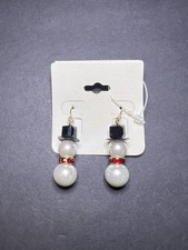 Christmas Glass Faux Pearl Beaded Snowman w Red Rhinestone Scarf Dangle Earrings