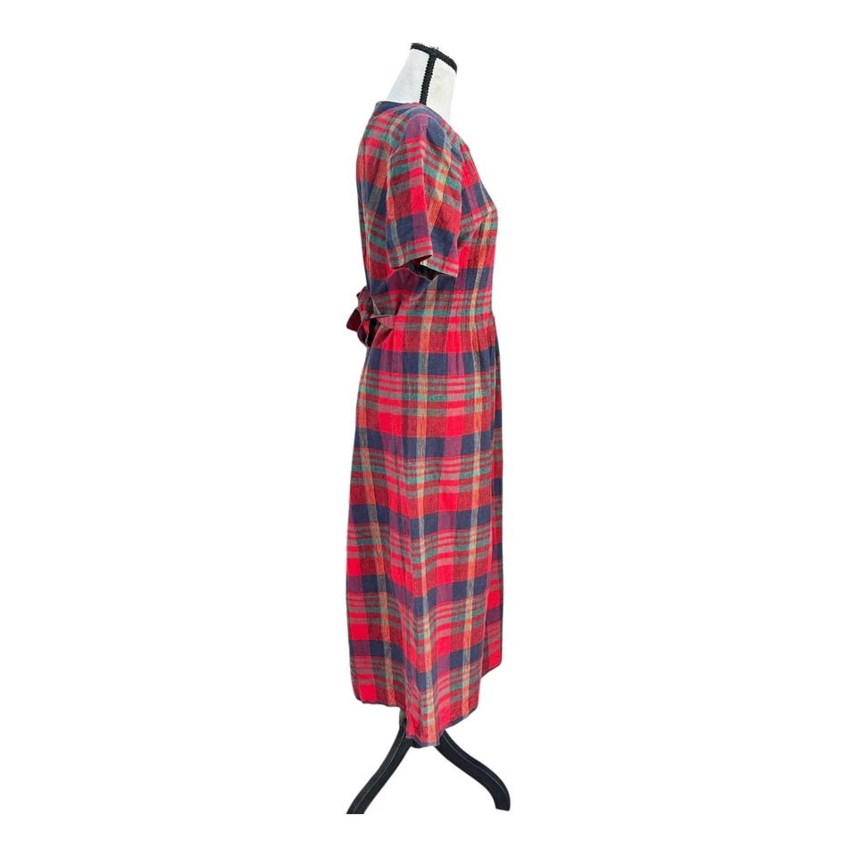 Vtg Miss Dorby Linen Blend Plaid Dress Sz 12 Red Tartan 80s Cottagecore Holiday - Image 4 of 4