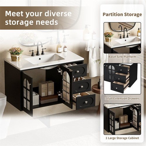 36" Black Floating Bathroom Vanity w/Ceramic Sink,Wall Mounted Bathroom Cabinet - Picture 5 of 19