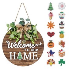 Seasonal Welcome Sign Front Door Decoration, Wood Wreaths Wall Hanging Outdoor,
