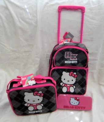 Hello Kitty Black 12" Rolling Backpack & Matching Lunchbox Lunch Bag+Pencil Case - Picture 1 of 3