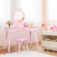 NNECW Vanity Makeup Table Set with Real Mirror for Little Girls Pink