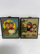 `Set of Two Mini Wall Hangers Boy & Girl on Bench/Boy& Girl in Moonlight 1960's?