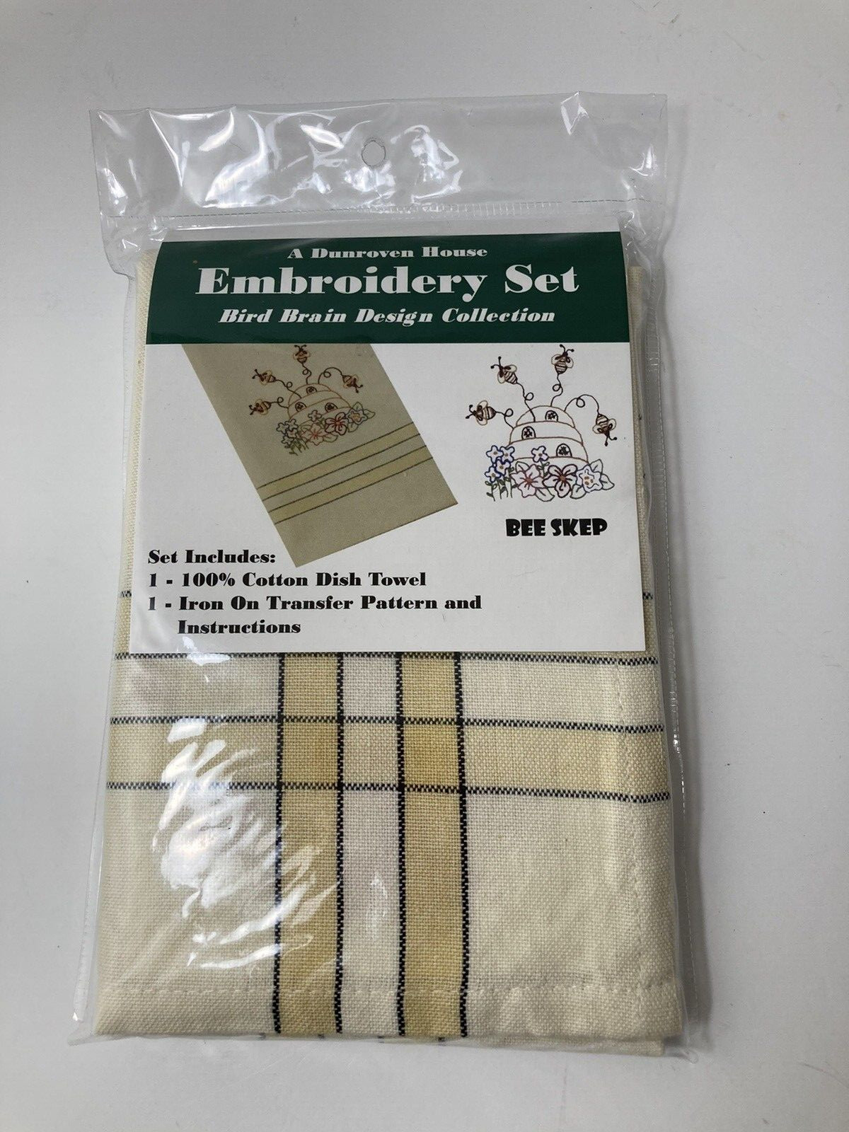 Dunroven House Embroidery Set Kit Cotton Dish Towel Iron On Transfer Bee Skep  