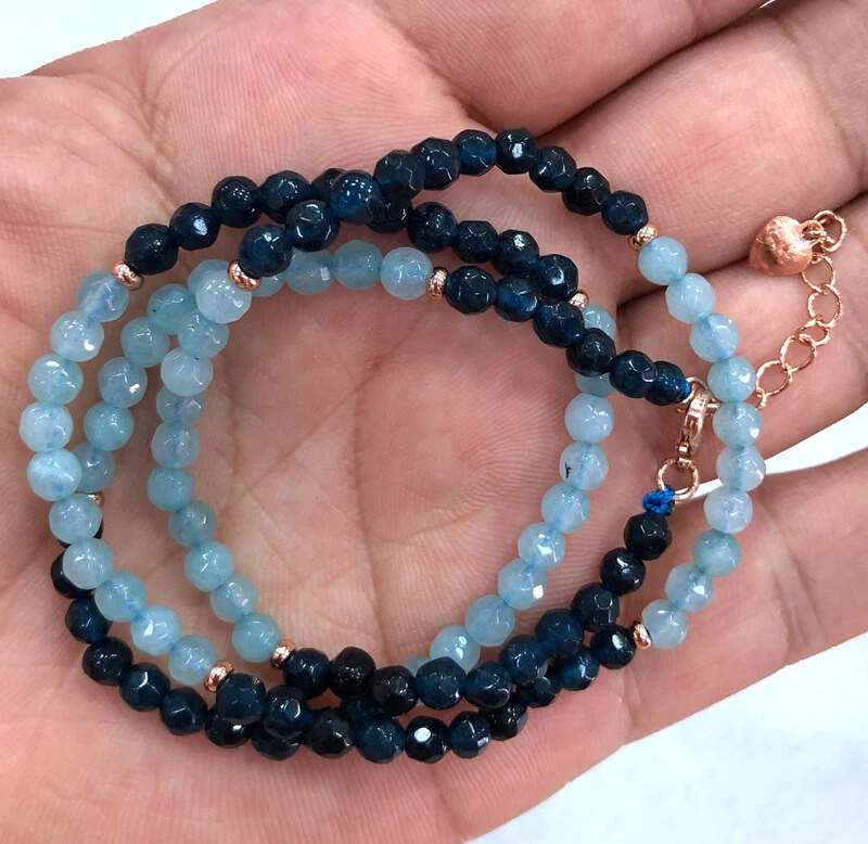 Collar de cuentas redondas de piedras preciosas rondelle aguamarina y apatita facetadas de 4 mm 18"" A Foto 3 de 4