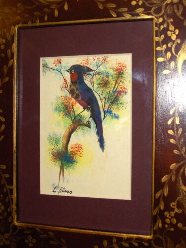 Vintage ORIGINAL Red Blue Lovely Blooming Green Tree L Blanc Art Painting