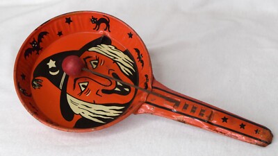 Vintage Kirchhof WITCH Noise Maker Metal Wood Bead Clangers Cat Bat Moon Hat