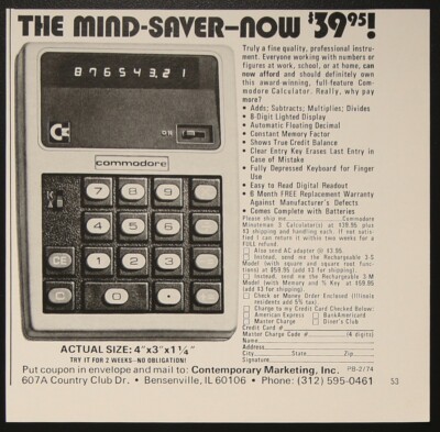 Commodore Calculator Add Subtract Multiply Divide Vintage Print Ad 1974