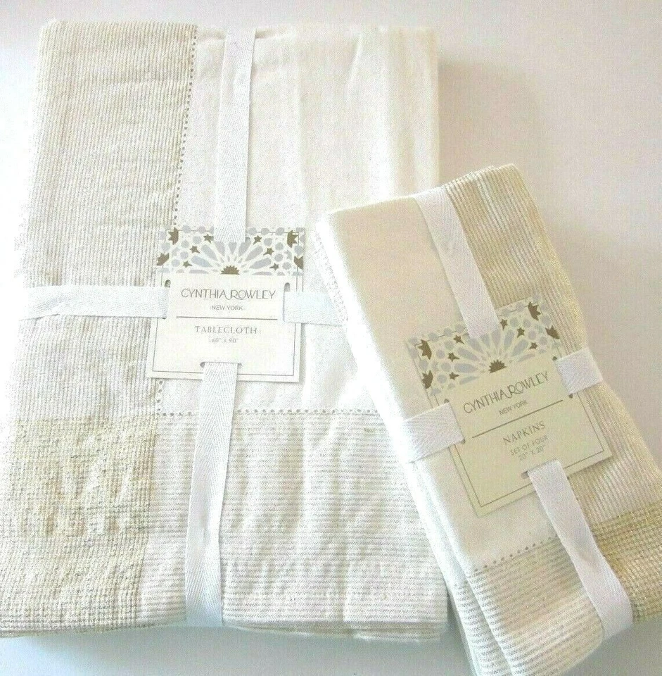 BEIGE METALLIC GOLD COTTON 60" x 90" TABLECLOTH and NAPKINS Cynthia Rowley NEW  - Image 2 of 4